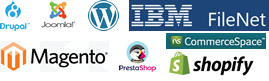 WordPress,Joomla,IBM® FileNet®,Drupal,Magento,PrestaShop,Shopify,Commercespace